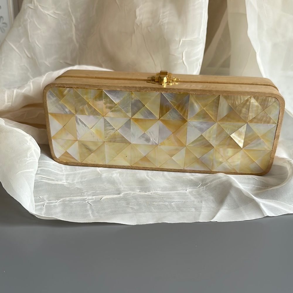 Gold lip mother of pearl wood miniaudiere purse bag